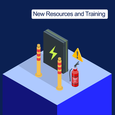 Graphical tile depicting a battery installation. with the words "New Resources and Training"