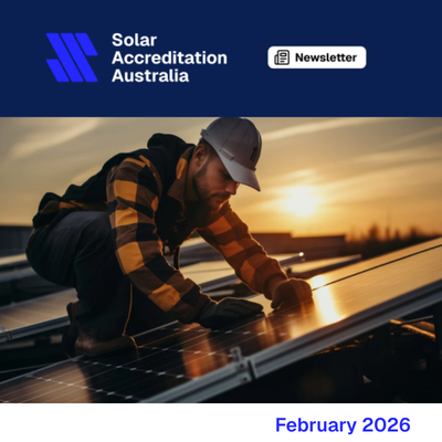 February 2026 Newsletter banner. Image shows an installer installing rooftop solar panels