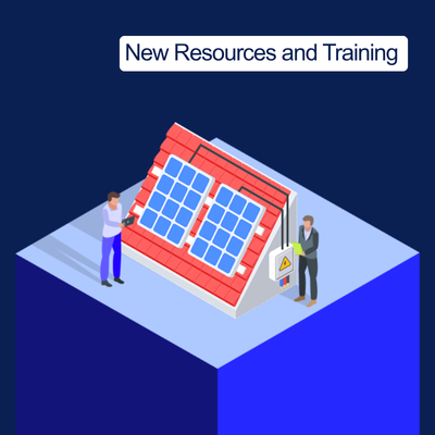 Solar panels on a roof in an isometric graphic design. Text reads New Resources and Training.