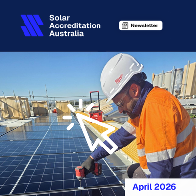 Graphic tile showing SAA logo and the word Newsletter. Image of an installer working on solar panel installation.